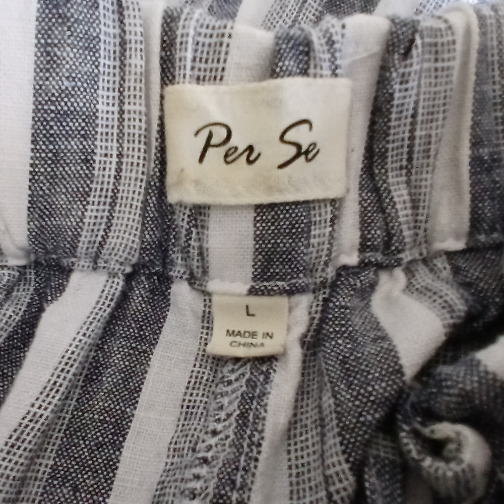 New. Linen/ Viscose Navy/white Striped Wide Straight Leg, Gather Elastic Waist - Picture 8 of 9